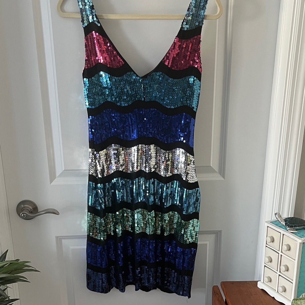Frederick's of Hollywood VTG Pink and Blue Waves Sequin Dress Bodycon